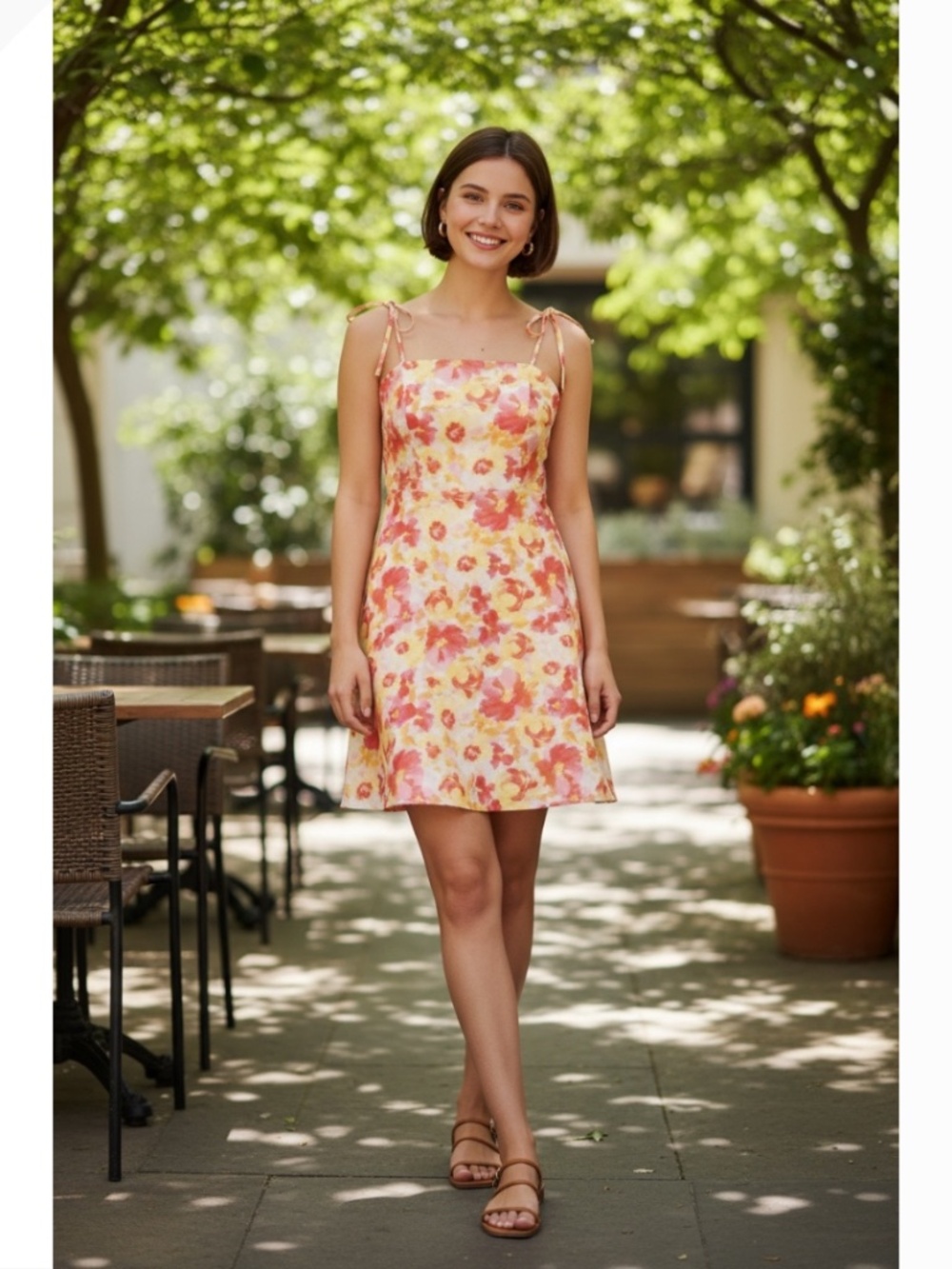 Pink Watercolour Floral Tie Shoulder Fit Flare Mini Cami Summer Dress Size Small